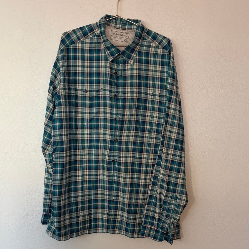 Eddie Bauer Men's Green and White Plaid Shirt